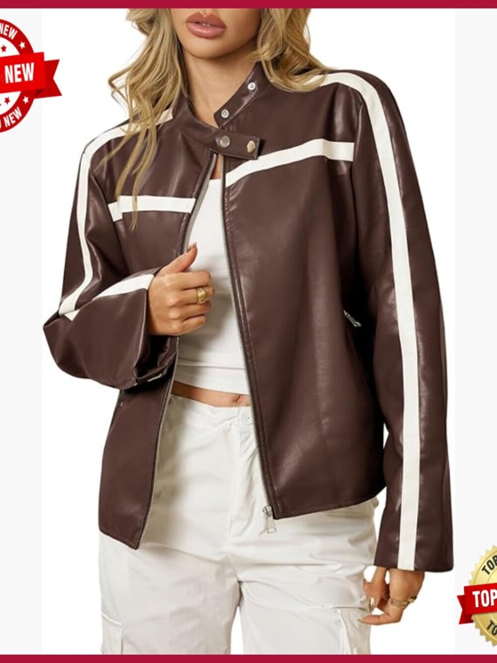 Faux Leather Bomber Jacket Zip Up Moto Biker Coat Vintage Y2K